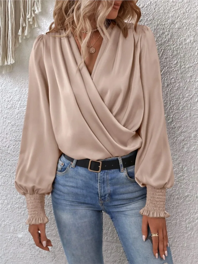 Autumn Women's New Sexy V-neck Fashionable Drawstring Lantern Sleeves Temperament Commuting Women's Solid Color Shirt