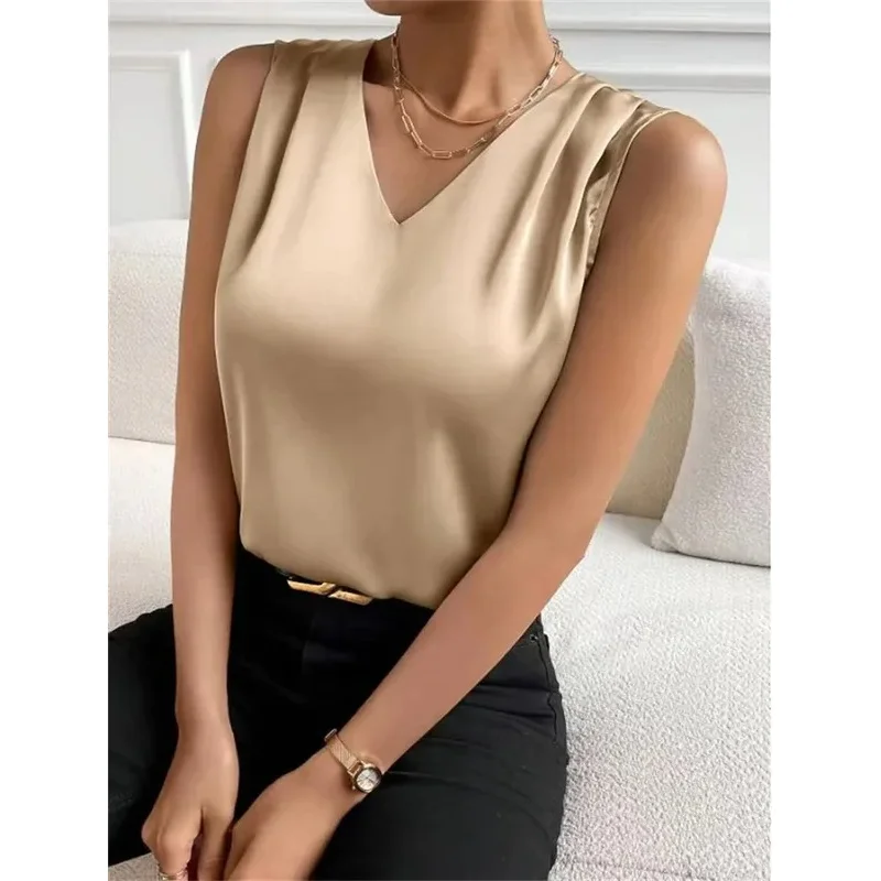 

Women's vest elegant temperament V-neck vest summer vacation simple solid color fashion all-matching sleeveless top