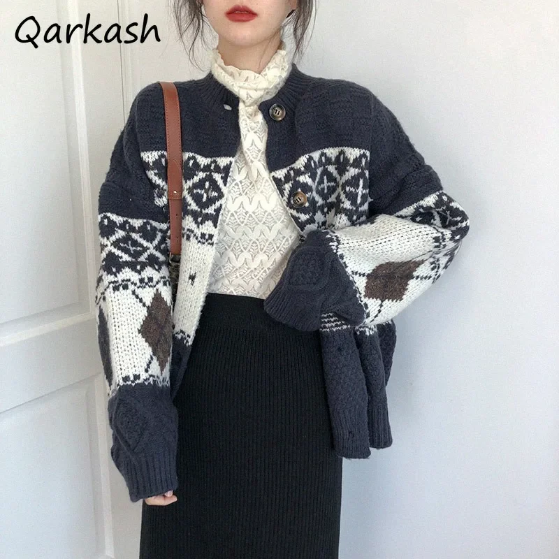 Knitted Cardigan Women New Autumn Winter Sweaters Loose Korean Style Single Breasted Contrast Color All-match Long Sleeve Tops