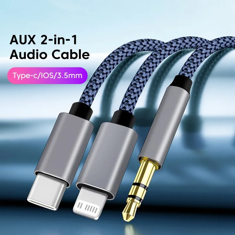 Olaf 2 w 1 Aux Audio Kabel USB C/Lightning do 3,5 mm jack Aux do telefonów Głośnik samochodowy Kabel USB-C z męskiego na męski