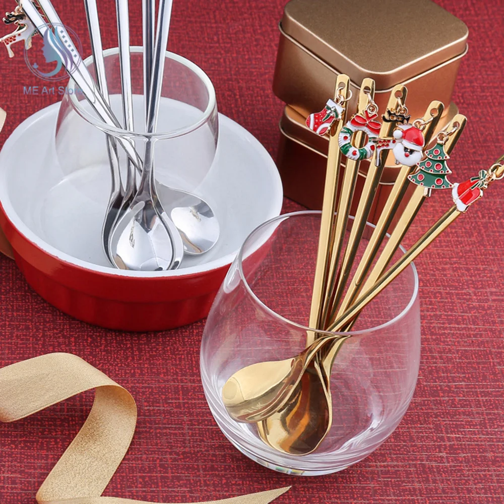 1Pcs Christmas Gift Cutlery Spoon Set Golden Silver Elk Christmas Tree Decoration Dessert Milk Coffee Spoon Tableware