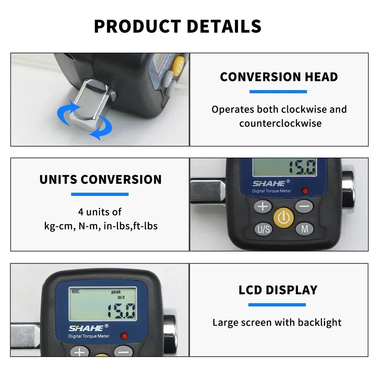 Shahe Digital Torque Meter 1/2\'\' to 1/4\'\' 1/2\'\' to 3/8\'\' Adapters Electronic Torque Tool for Automotive Bike Bicycle Motorcycle