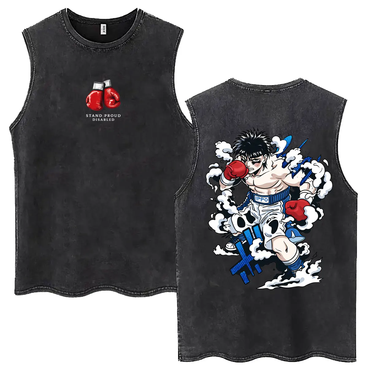 Anime Hajime No Ippo Vintage Washed Tank Tops Kamogawa Boxing Gym Sleeveless Vest T-shirts Men's Cartoon Manga Cotton T Shirt