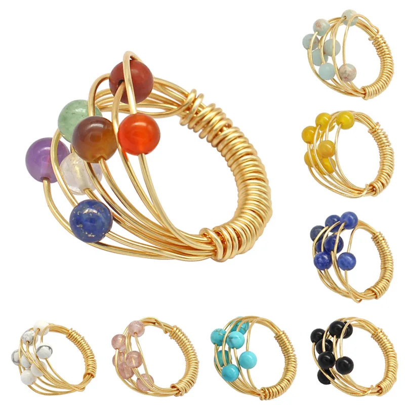 10pcs 7 Beads Chakra Full Sky Star Ball Ring Women's Gold Wine Weaving Ring for Women Party Wedding