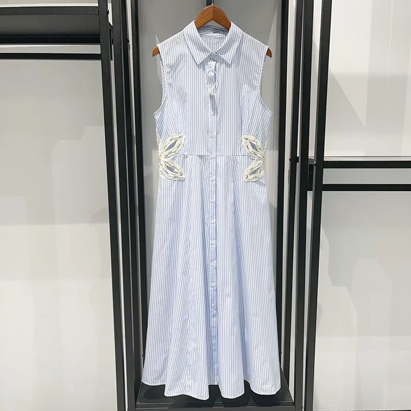 

Blue White Striped High Waist Embroidered Sleeveless Shirt Collar Midi Skirt Set Women's Summer Fashion Outfit Cotton Fabric