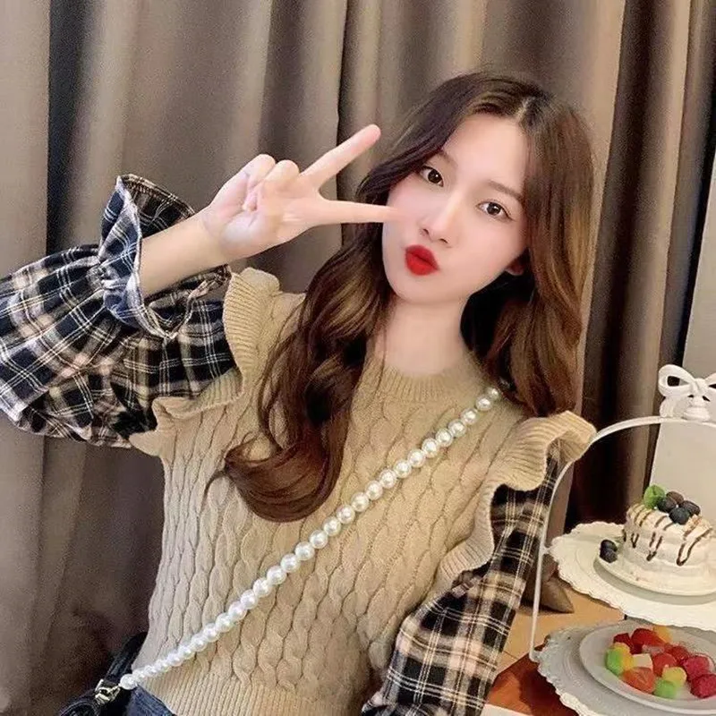 

2026 New Plaid Shirt Patchwork knit Sweater Autumn Winter Women Sweater Office Lady Elegant Long Sleeve Tops Pullover Sweater