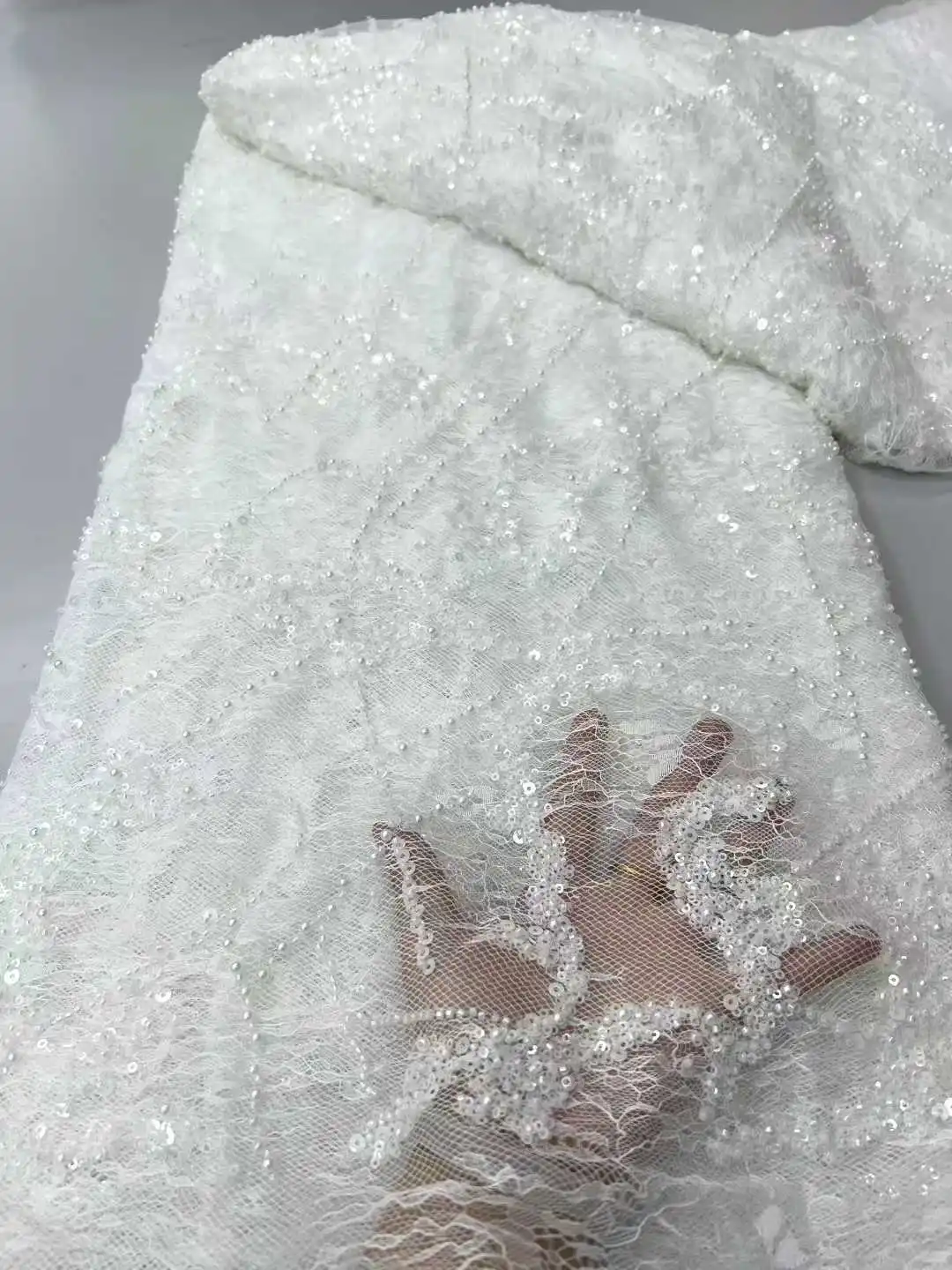 

High-End Luxury Elegant Soft Beaded Lace Fabric Nigerian Sequins Mesh Lace Fabric For Wedding Dress Sewing