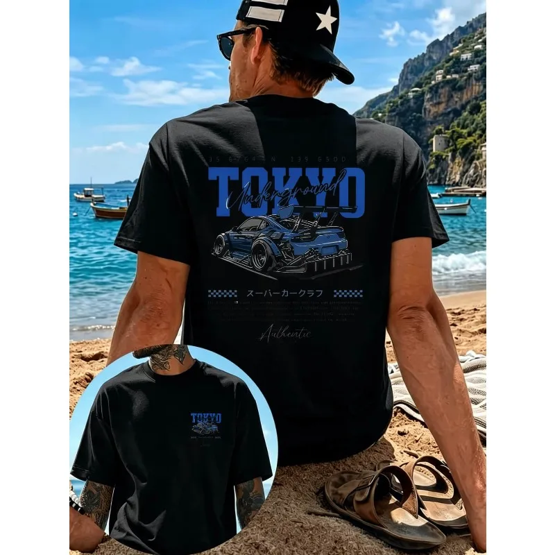 Tokyo Underground Racing Modified Car Pattern, Retro Japanese Street Style Men's T-shirt Casual Fashion Unisex