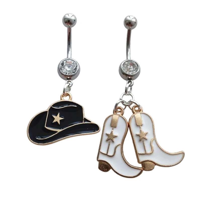 2pcs Cowboy Cowgirl Belly Button Rings, Western Texas Rodeo Navel Barbell Ring, Cowboy Boot Hat Enamel Piercing Body Jewelry