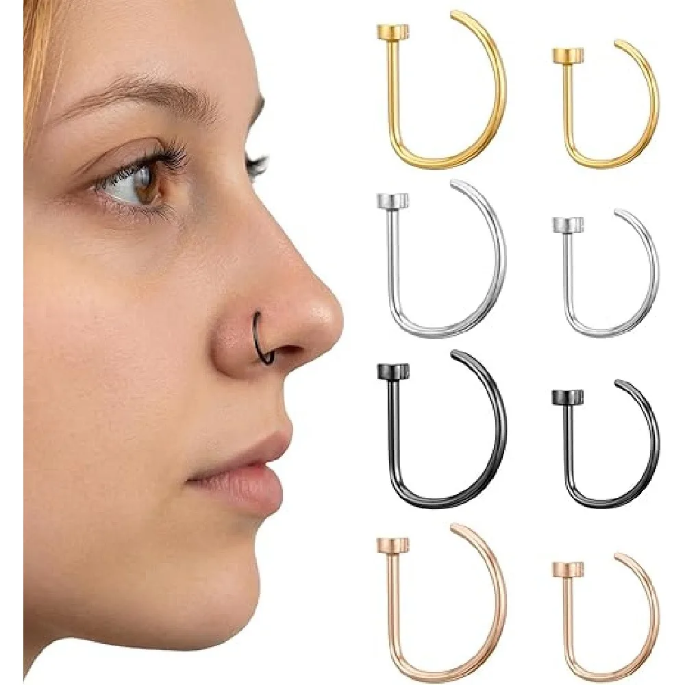 4 Pack Non Piercing D-Shaped Nose Rings Fake Nose Cuffs, Stainless Steel Clip On Nose Hoops, Punk Minimalist Fake Piercing Nose Jewelry for Women Men Party Daily Cosplay view 8