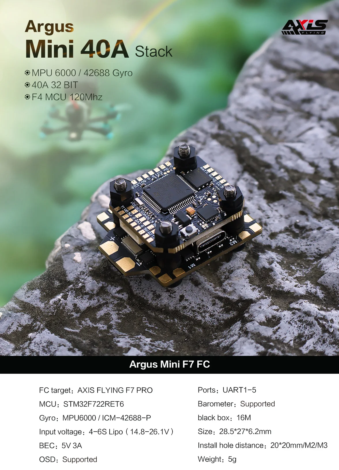 Axisflying Argus FPV Mini Stack F7 40A ICM42688P for Manta 3.6 FPV Drone FPV Parts