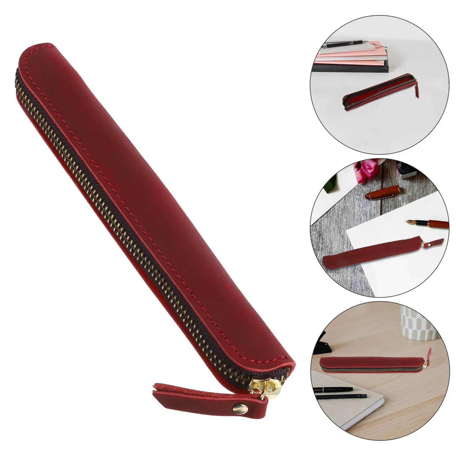 

Pen Pouch Holder Pencil Bag Zipper Wine Red Handmade Retro Fountain Rollerball Ballpoint Pen Case Organizer
