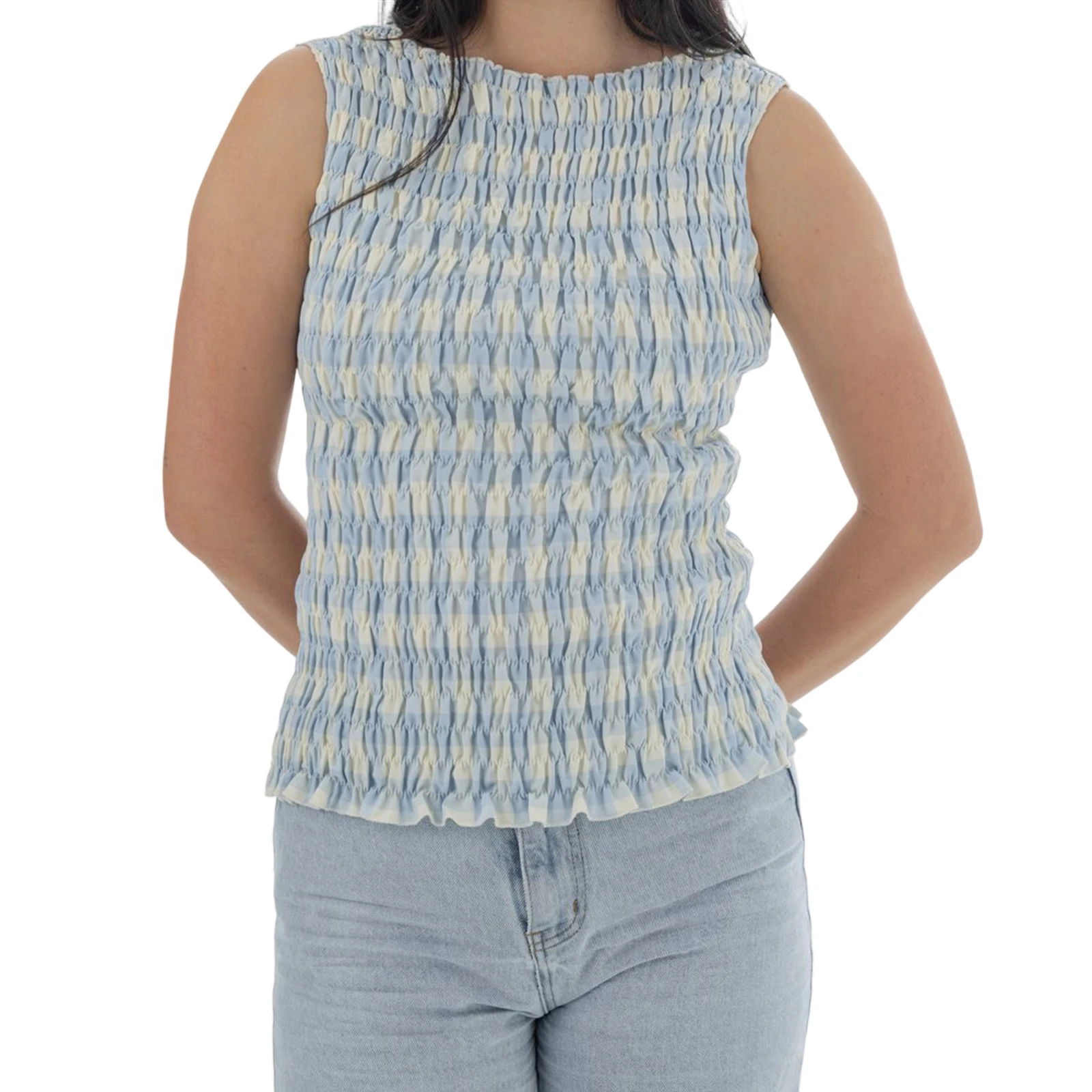 Women Sleeveless Tank Tops Stylish Plaid Smocked Slim Vest For Beach Vacation Summer Party Daily Wear Activity Streetwear