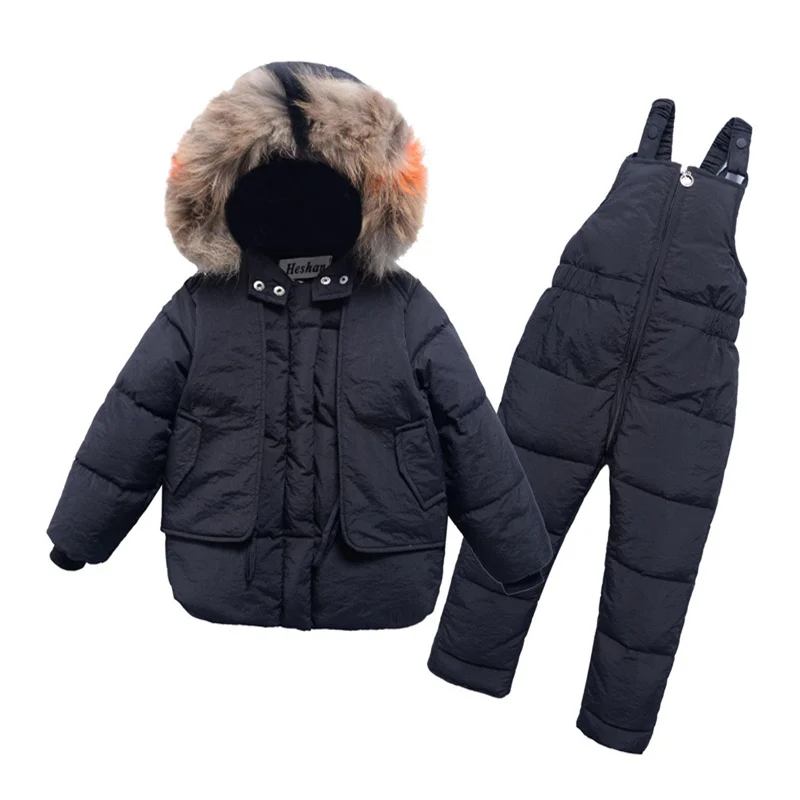 -30℃ Winter Down Suit Thick Warm Sets Boys Girls Hooded Jackets Overalls 2 Pcs Kids Parka Snow Wear Outfits 2-6 Years