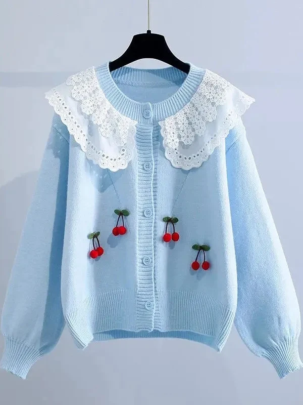 Spring Autumn New Style Women's Fashionable Lace Knitted Cardigan Loose Soft Wind Doll Collar Sweater Trendy Knitwear Jacket