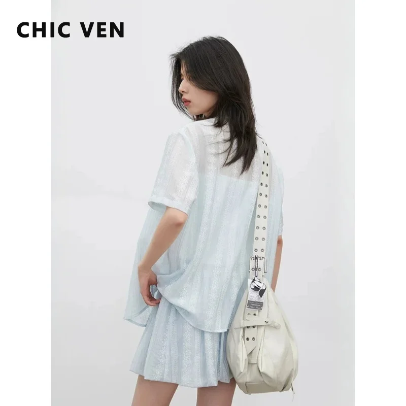 

CHIC VEN Korean Women Shirt Blue High Waist Loose Casual Short Sleeved Female Elastic Waist Skirt Spring Summer 2026