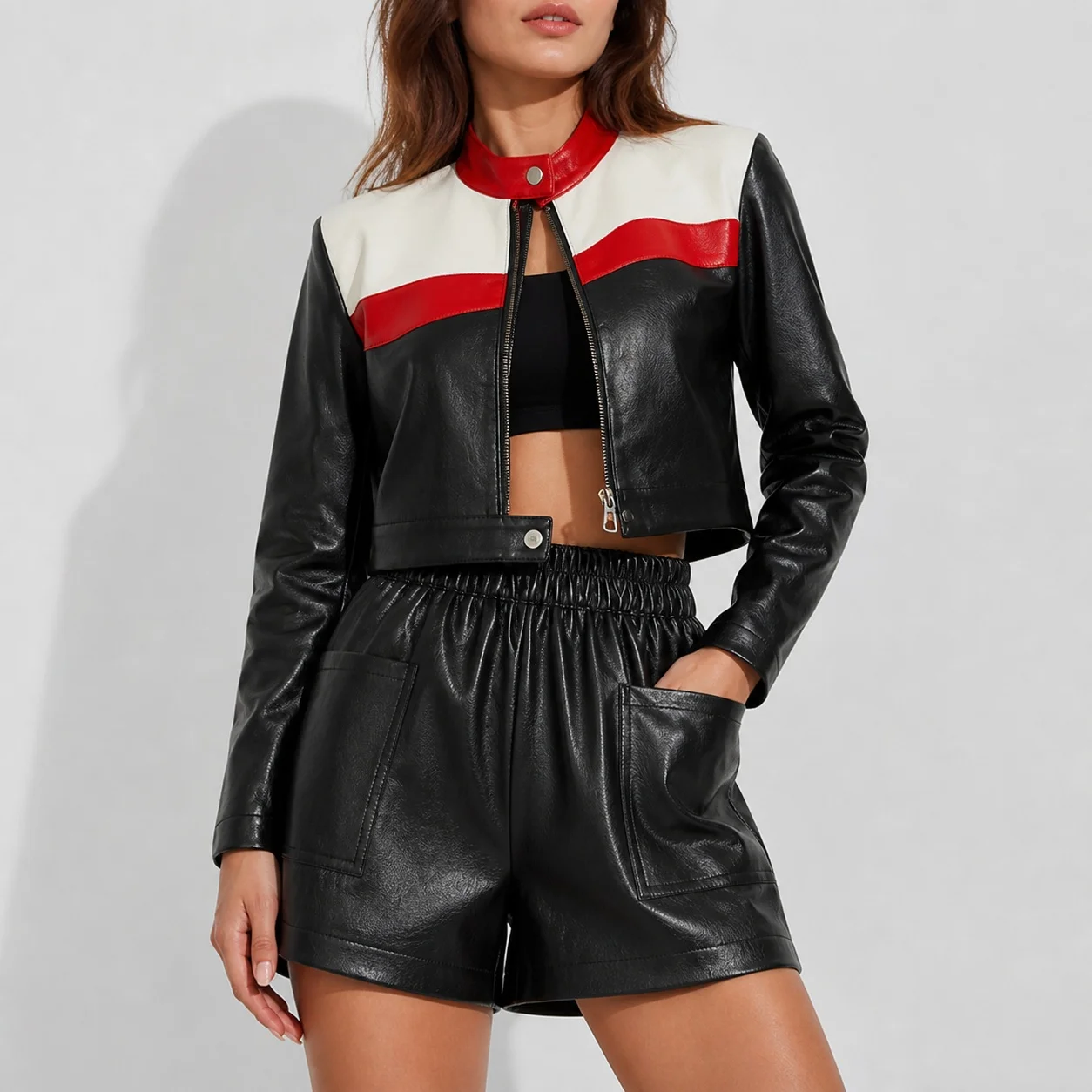 Women's PU Color Blocking Stand Collar Long Sleeve Zipper Jacket with Waist Cinched Short Length Sexy Regular Fit Outerwear
