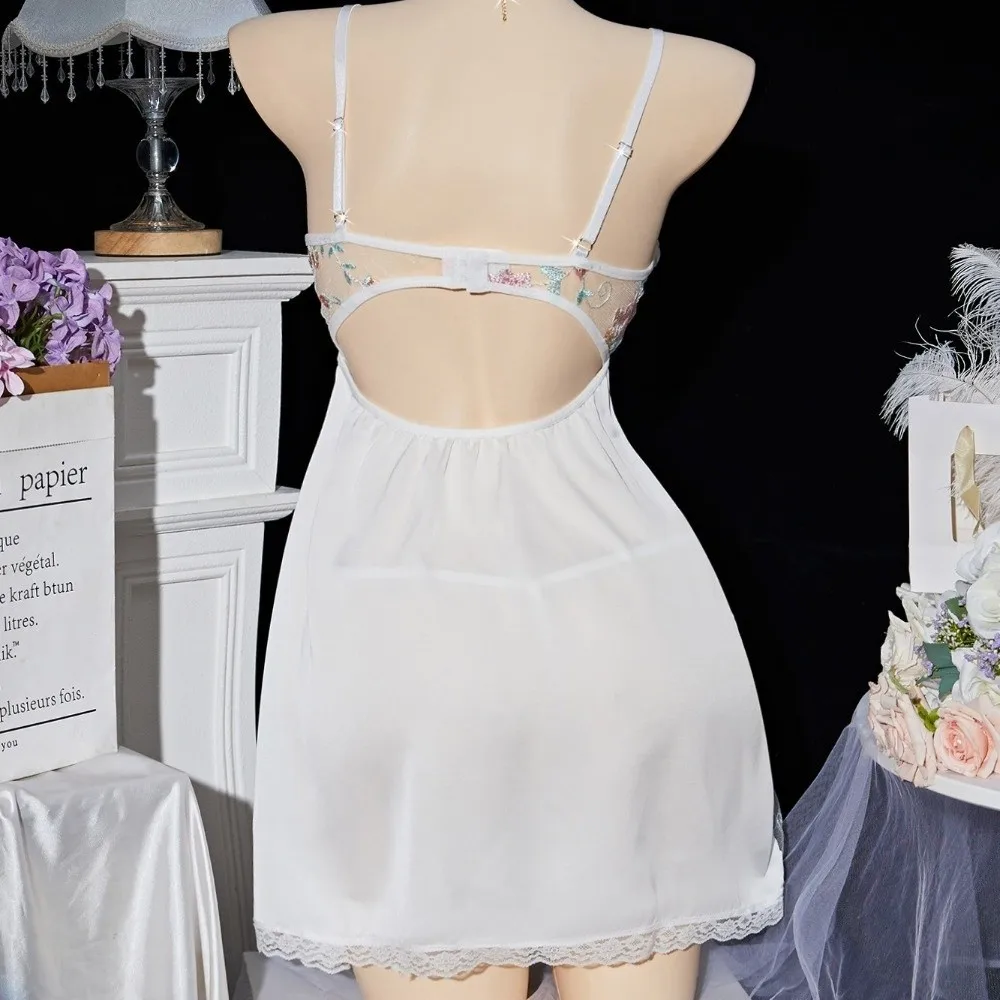 Thin Lace Bow Women's Pajama Dress Flowers Butterfly Mesh Transparent Ice Silk Suspender Nightdress Embroidered Split