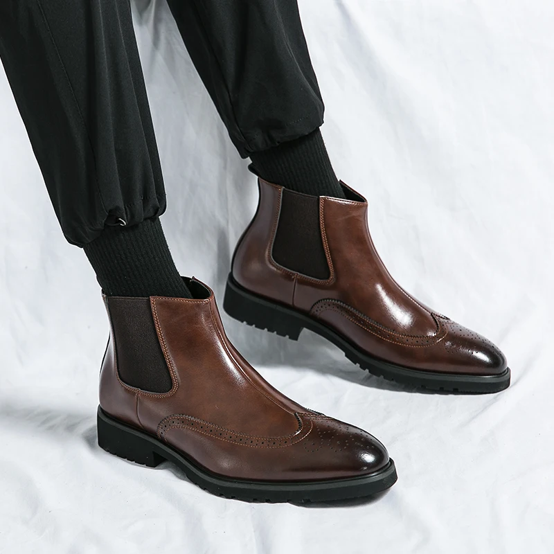 Men Wingtip Detail Chelsea Boots, Work Office Brown Boots