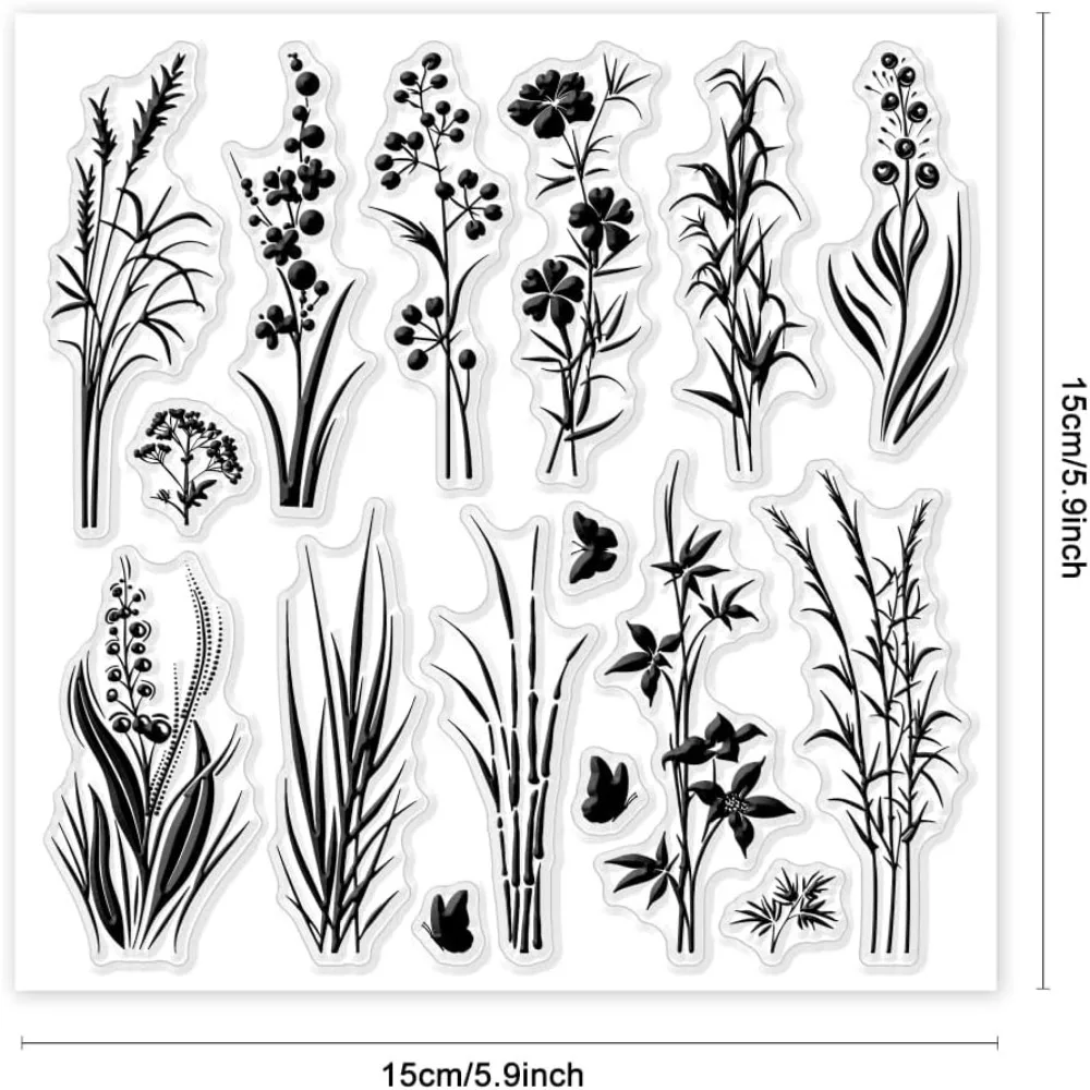 Plants Silhouettes Clear Stamps 5.91x5.91 inch Wildflowers Grass Silhouettes Silicone Clear Stamp Seals Nature Silhouette