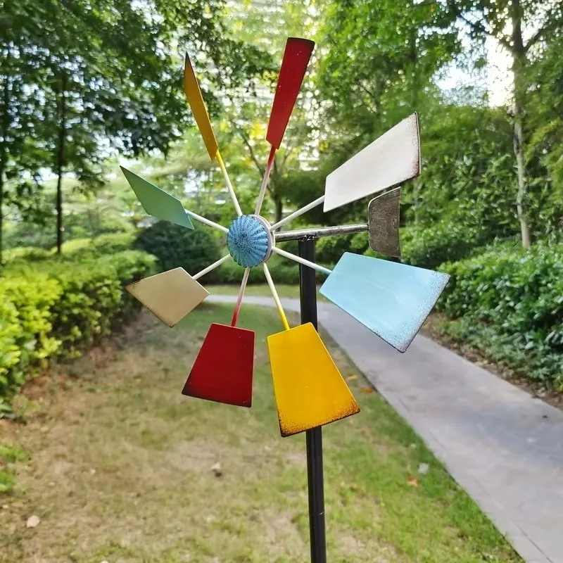 Multicolor Geometric Blade Metal Wind Spinner Stake Ornament Outdoor Lawn Garden Wind Driven Craft Decor Multi Angle Irregular