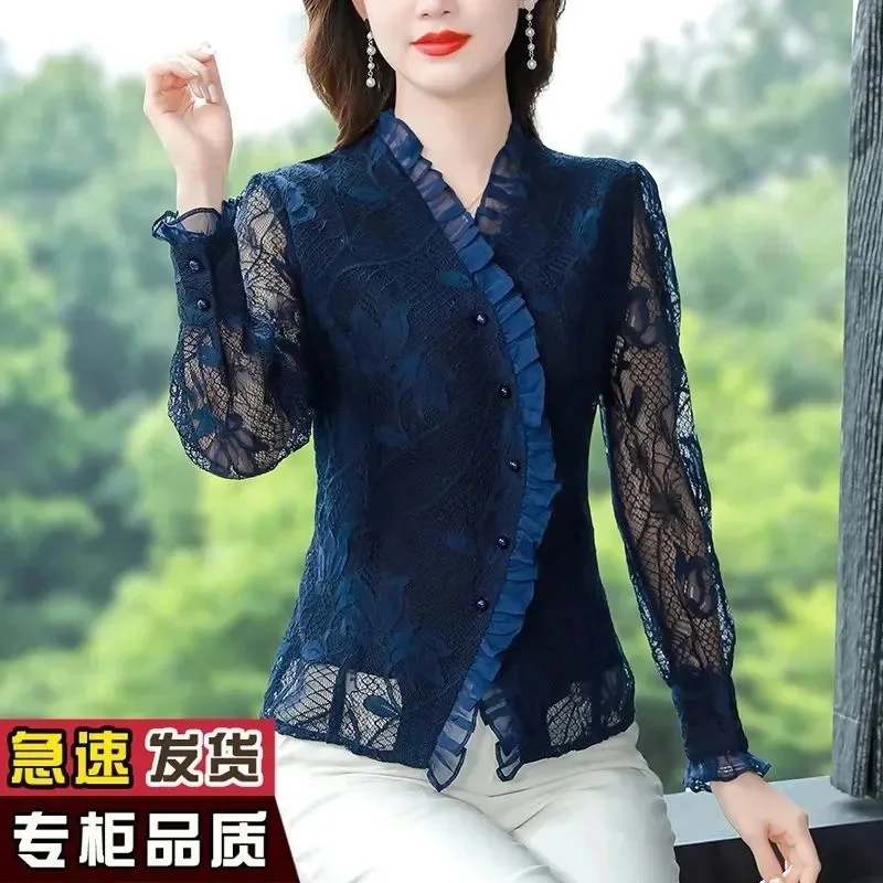 Design Shirt 2023 Spring Autumn New Lace Shirt Tops Women\'s V-Neck Long-Sleeved Foreign Temperament Red Shirt Is Thin Blousers