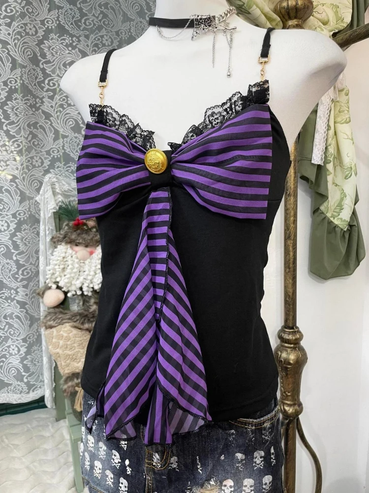 Y2k الجمالية الدانتيل المرقعة المرأة بروتيل Harajuku خمر شريط القوس الصيف الدبابات الشارع الشهير الجرونج مثير عارية الذراعين تانك القمم #3