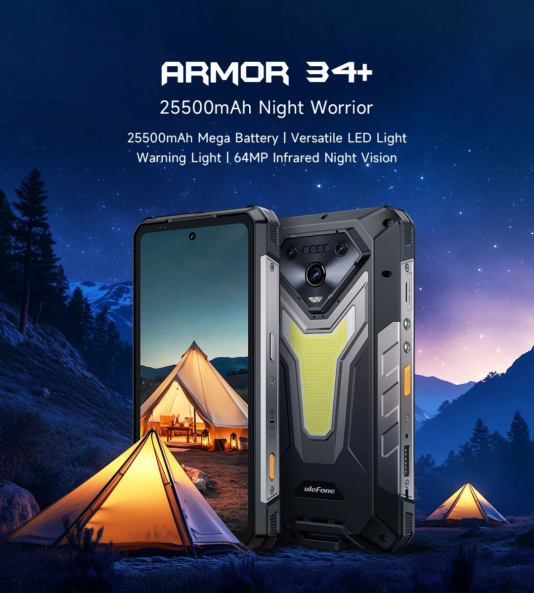 Ulefone Armor 34+ 5G Rugged Phone Smartphone Android 15 25500mAh 66W Up to 32GB+512GB 6.95" 120Hz Display Versatile LED Light