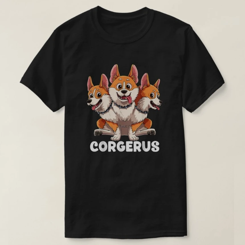 Corgerus Funny Greek Myths Three Headed Corgi Dog T-Shirt 100% Cotton O-Neck Short Sleeve Summer Casual Mens T-shirt Size S-3XL