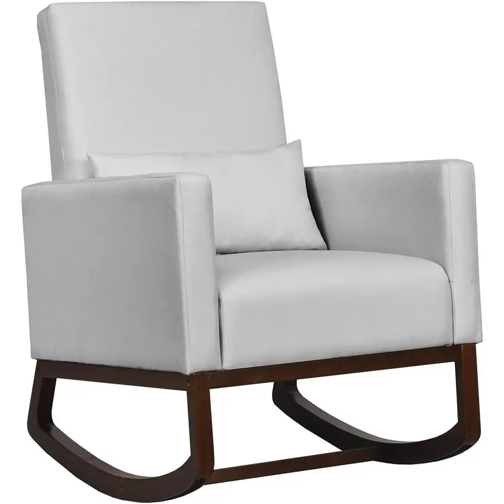 

High Back Upholstered Rocking Chair with Padded Seat, Waist Pillow, and Wooden Base - Ideal for Living Room, Bedroom, or Nursery