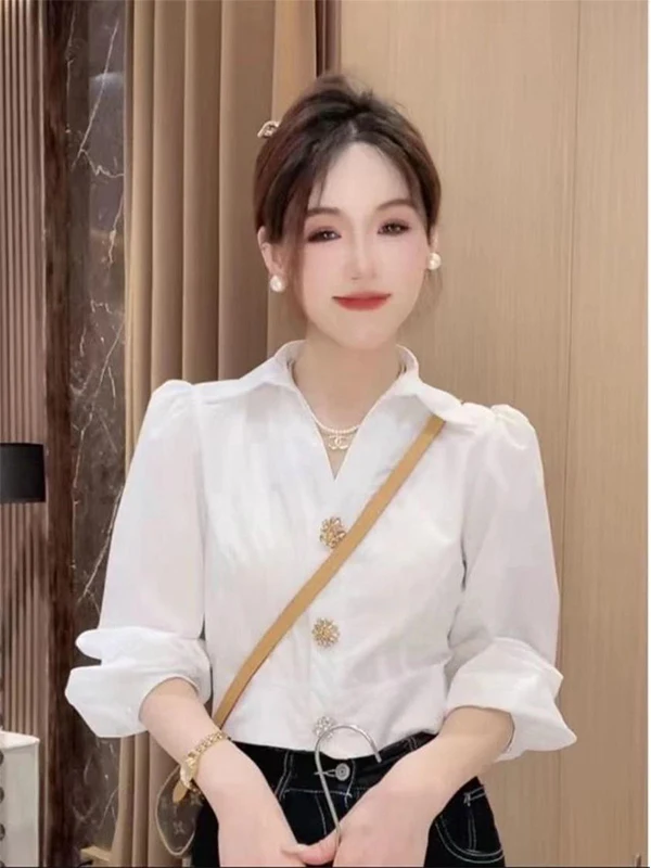 

Ele ort White irt Women's Faion Design Slim Fit Bubble Sve Top for Spring Autumn Casual Wear Comfortable Breathable