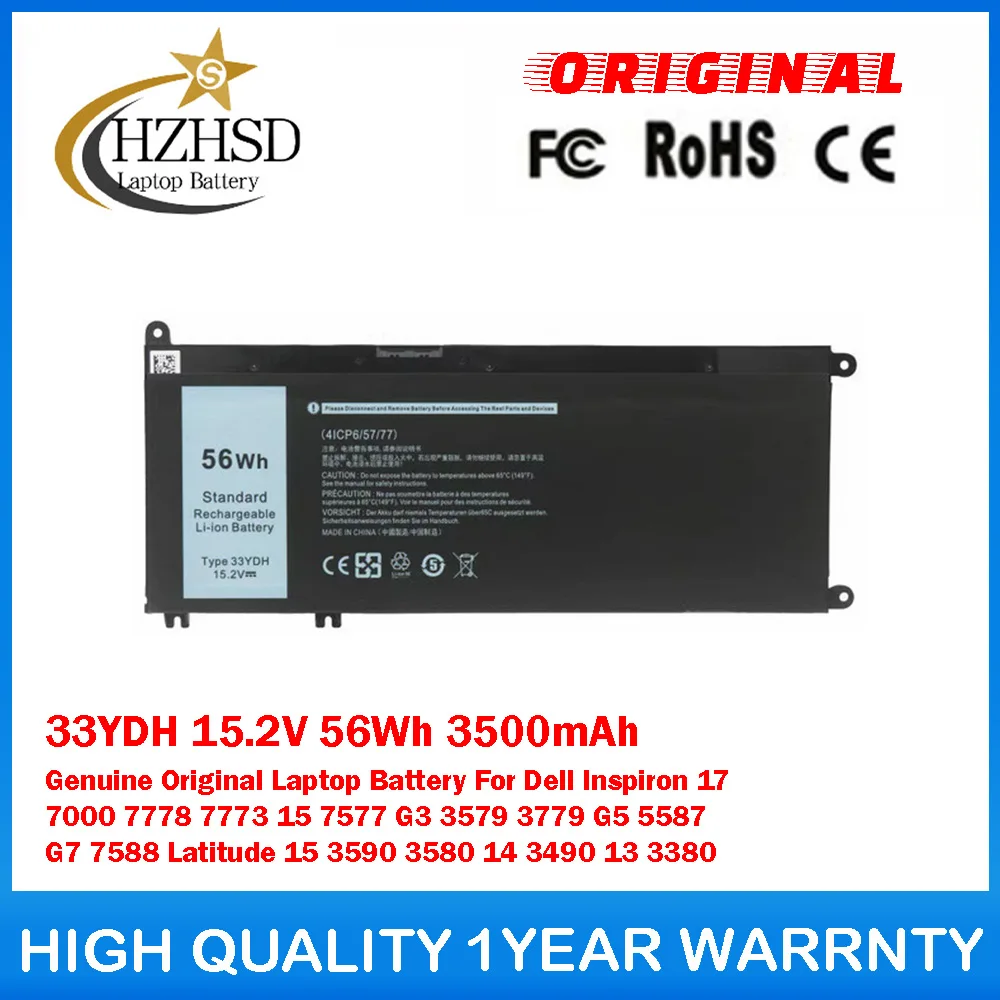 33YDH 15.2V 56Wh 3500mAh Genuine Original Laptop Battery For Dell Inspiron17 7000 7778 7773 15 7577 G3 3579 3779 G5 5587 G7 7588