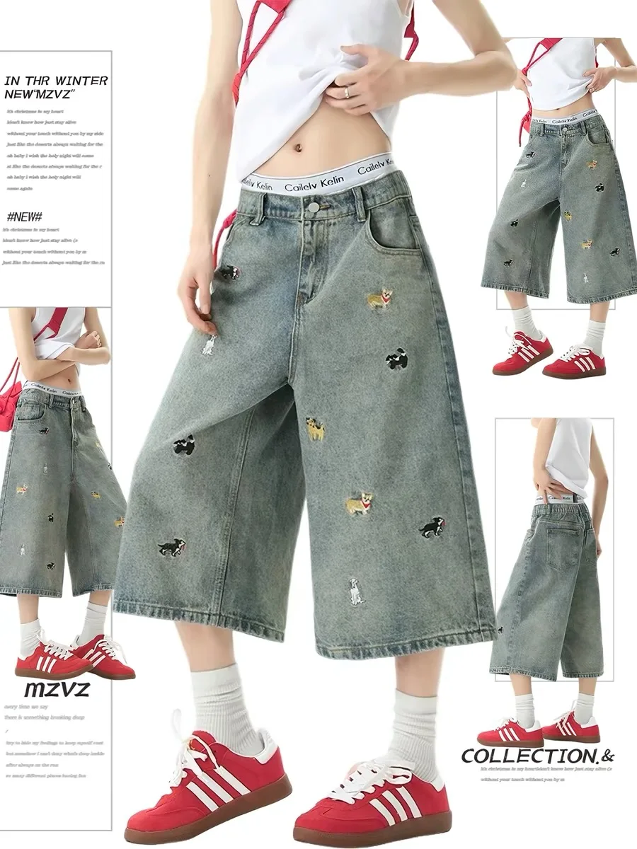 

Washed Denim Shorts for Big Kids Cartoon Embroidered Loose Straight Leg Overalls High Waist Zipper Fly Classic Blue Summer ...
