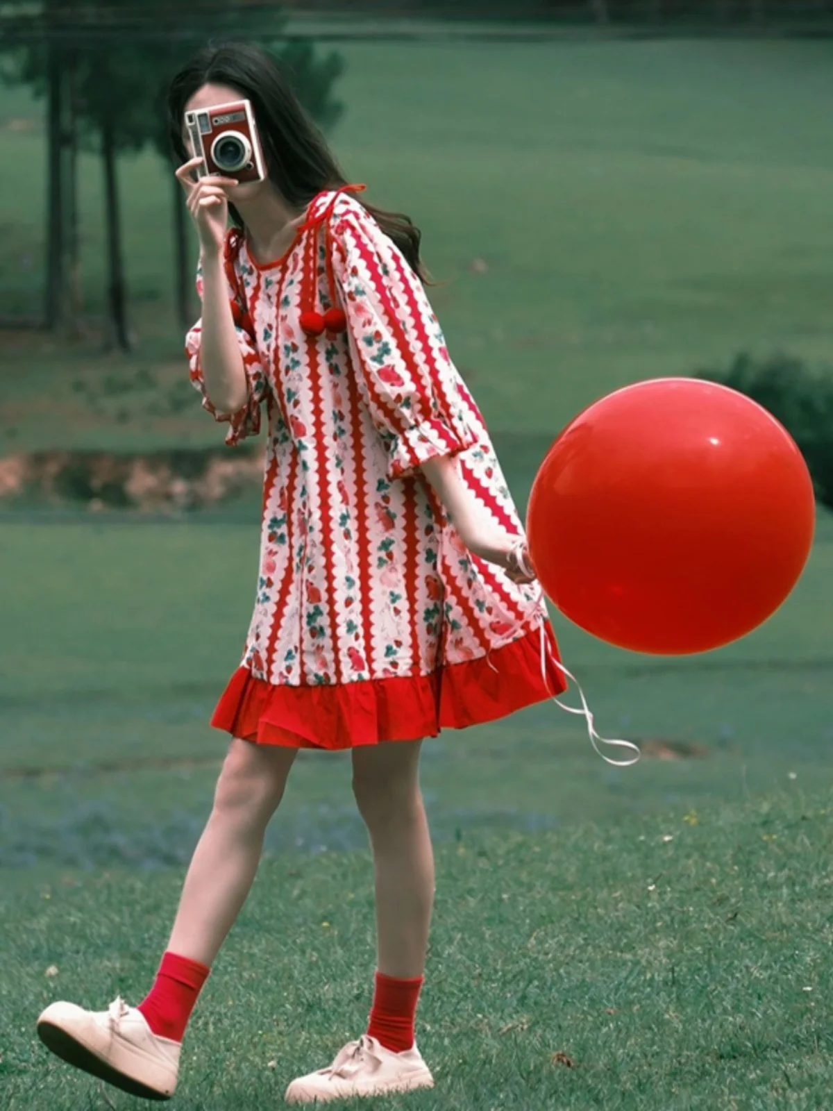 Red Floral Print Bubble Sleeve Dress Women's Commute Style Heavy Embroidery Draping Sensation Outing Photography Chicness