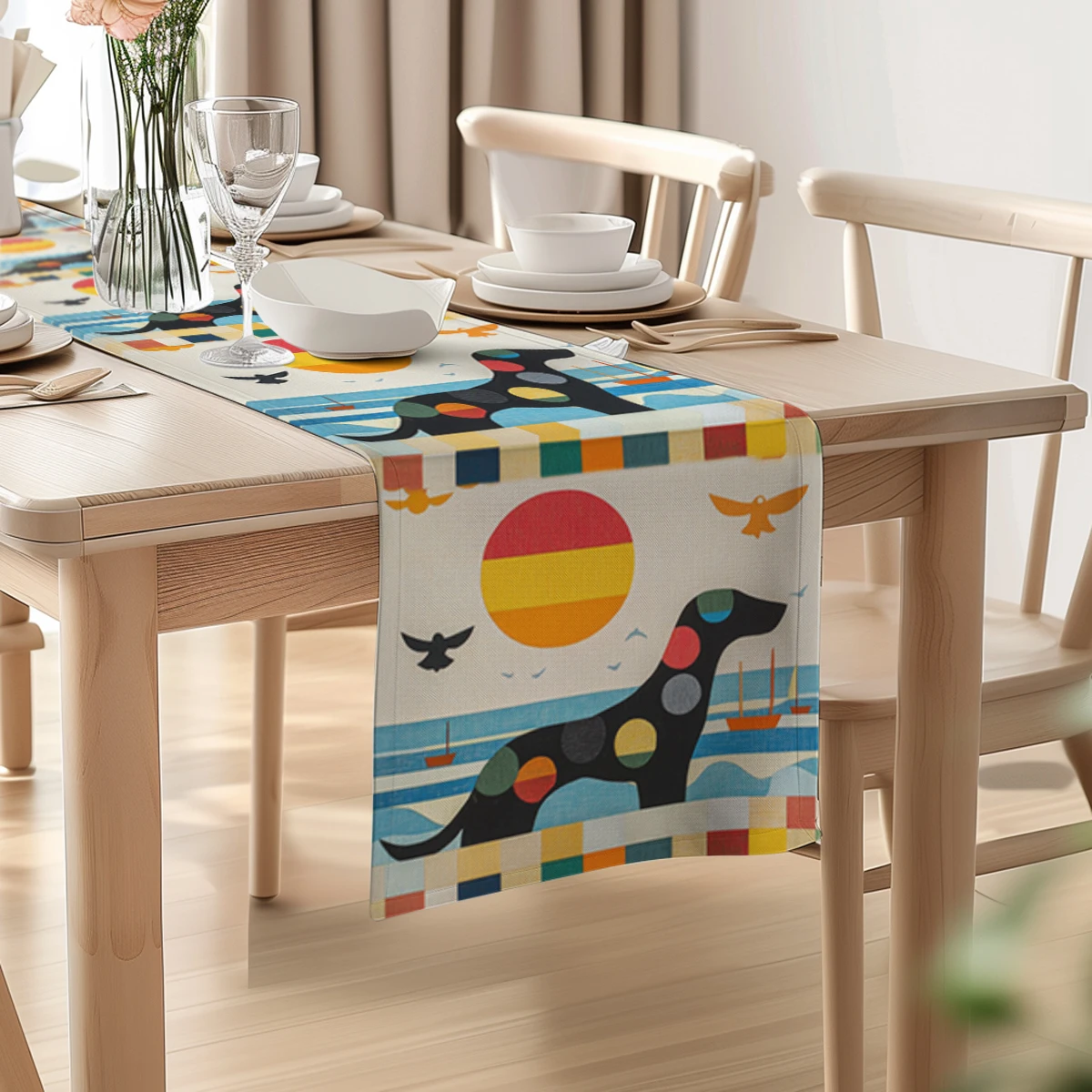 Geometric Abstract Dog Boat Table Runner Farmhouse Dining Table Runners Wedding Party Table Decoration