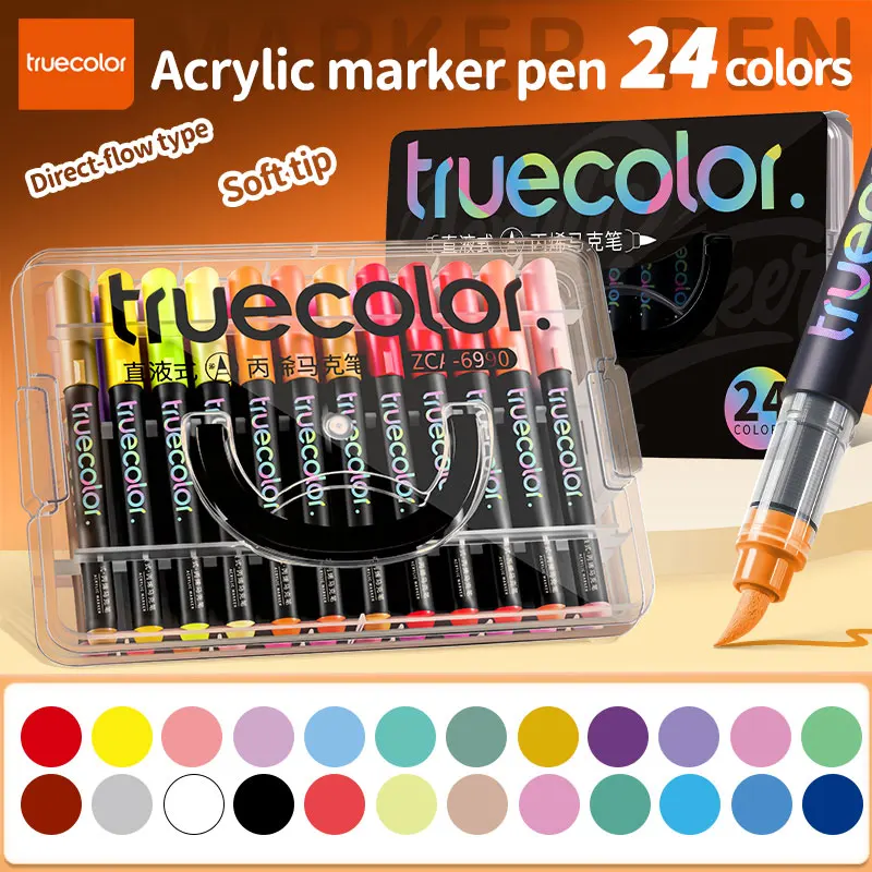 

Набор акриловых маркеров Truecolor ZCA-6990, 24 цвета, с черным корпусом, с прямым контролем потока чернил, для многослойной росписи, незаменим для студентов-художников
