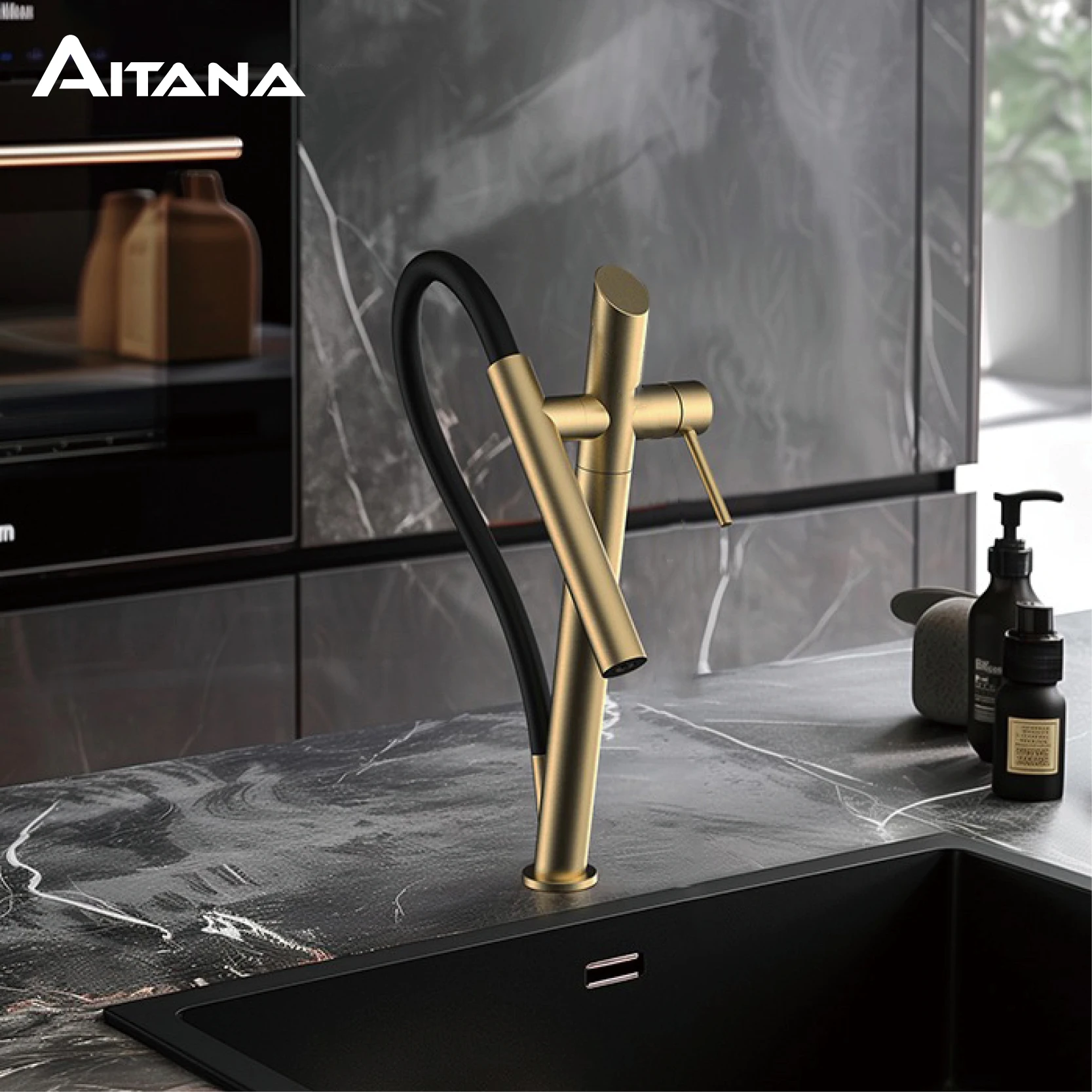 

Brushed Gold Brass Kitchen Faucet Single Handle Pull out Cold Hot Water Mixer Tap with Minimalist Design 1 Hole 2 Functions