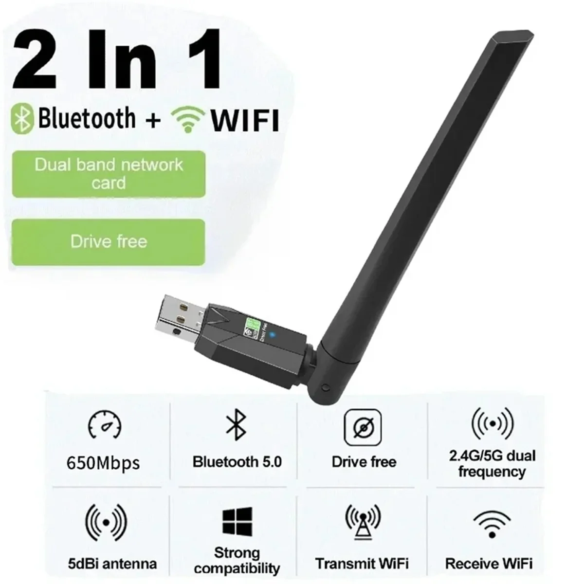 ミニネットワークカード受信機,600mbps,USB, Bluetooth 5.0, 2.4g,5ghz,wi-fiアンテナ,デュアルバンド,802.11ac