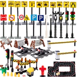 MOC City Traffic Sign Building Blocks Steet View Racing Track Barricade Street Lamp Fire Hydrant Railing  Accessories Bricks Toy