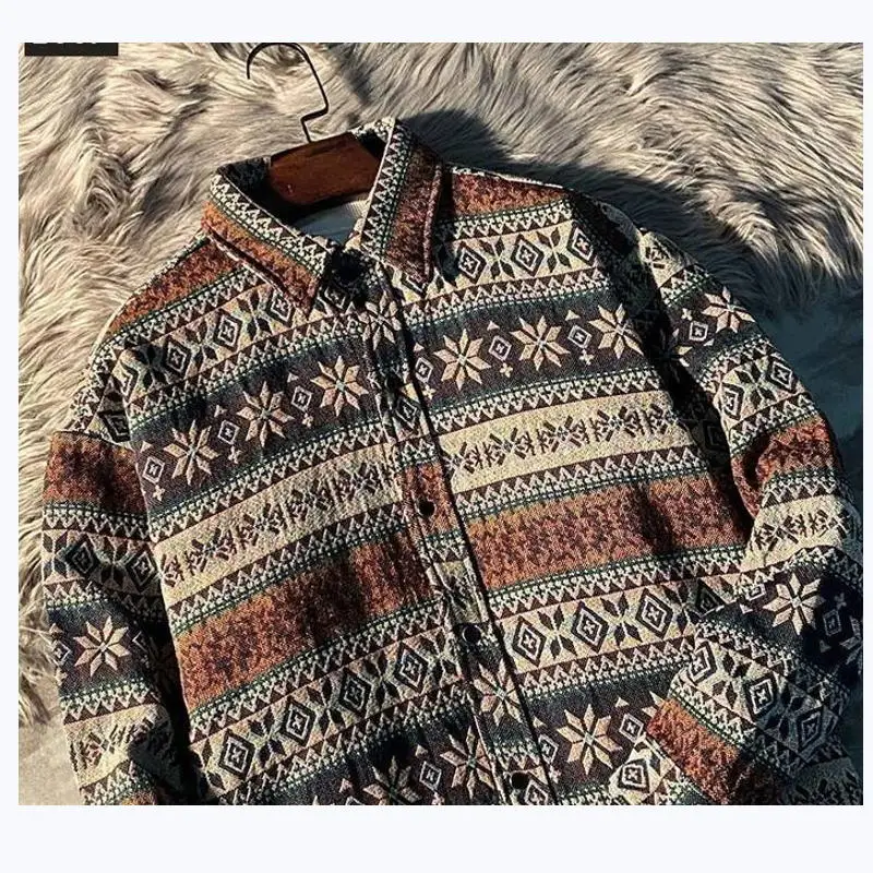Cuban color rough linen national style shirt men's embroidery Spring autumn American retro port style shirt autumn winter lovers