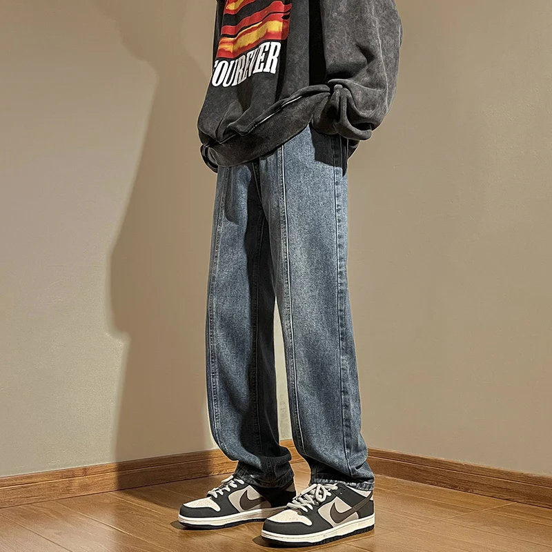 

Loose Straight Leg Men's Jeans Casual High Street Sle Autumn Spring Faionable Blue Denim Wear Resistant Youth Trend