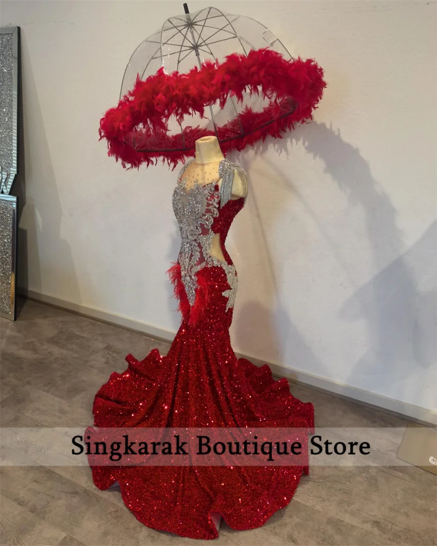 Luxury Red Diamonds Long Prom Dress With Two Gloves Beads Crystals Feathers Birthday Party Wedding Reception Customized