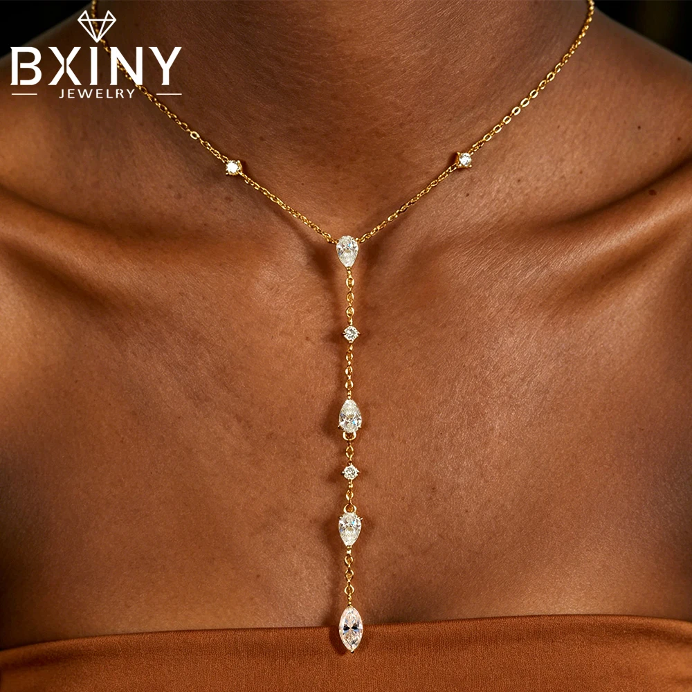 

BXINY Long Tassel All Moissanite Pendant Necklace S925 Silver Marquise/Pear Cut Diamond NeckChain For Women Wedding Fine Jewelry