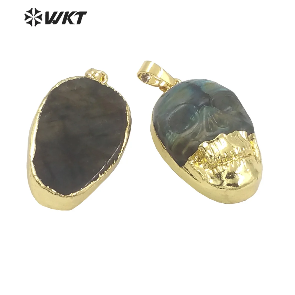 WT-P1956 Wholesale Fashion Unique Cool Natural Labradorite Stone Hand Carving Skull Pendants in Gold Plated