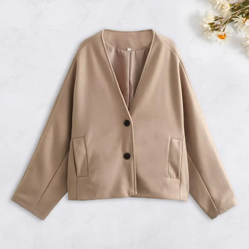 Women Woolen Jacket V-neck Jacket Stylish Mid-length Woolen Coat with V-neck Pockets Double Button Closure for Women for Fall