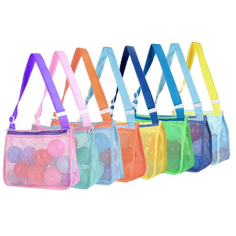 Adjustable Mesh Beach Shoulder Bag For Kids Toy Organizer Net Zipper Strap Storage Pouch Child Shell Collecting Bag Round Bucket