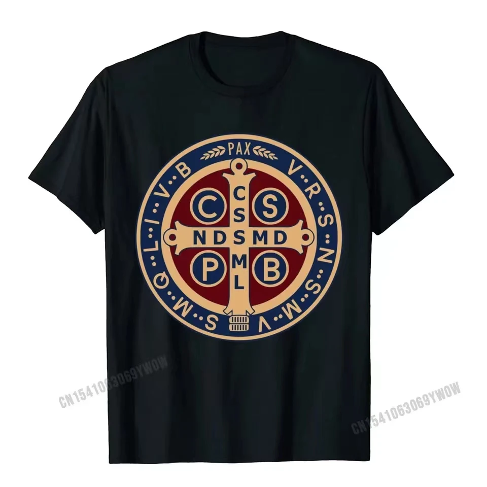 The Saint Benedict Medal Catholic Pullover Tees Camisas Men Slim Fit Mens T Shirt Printed T Shirt Cotton Geek