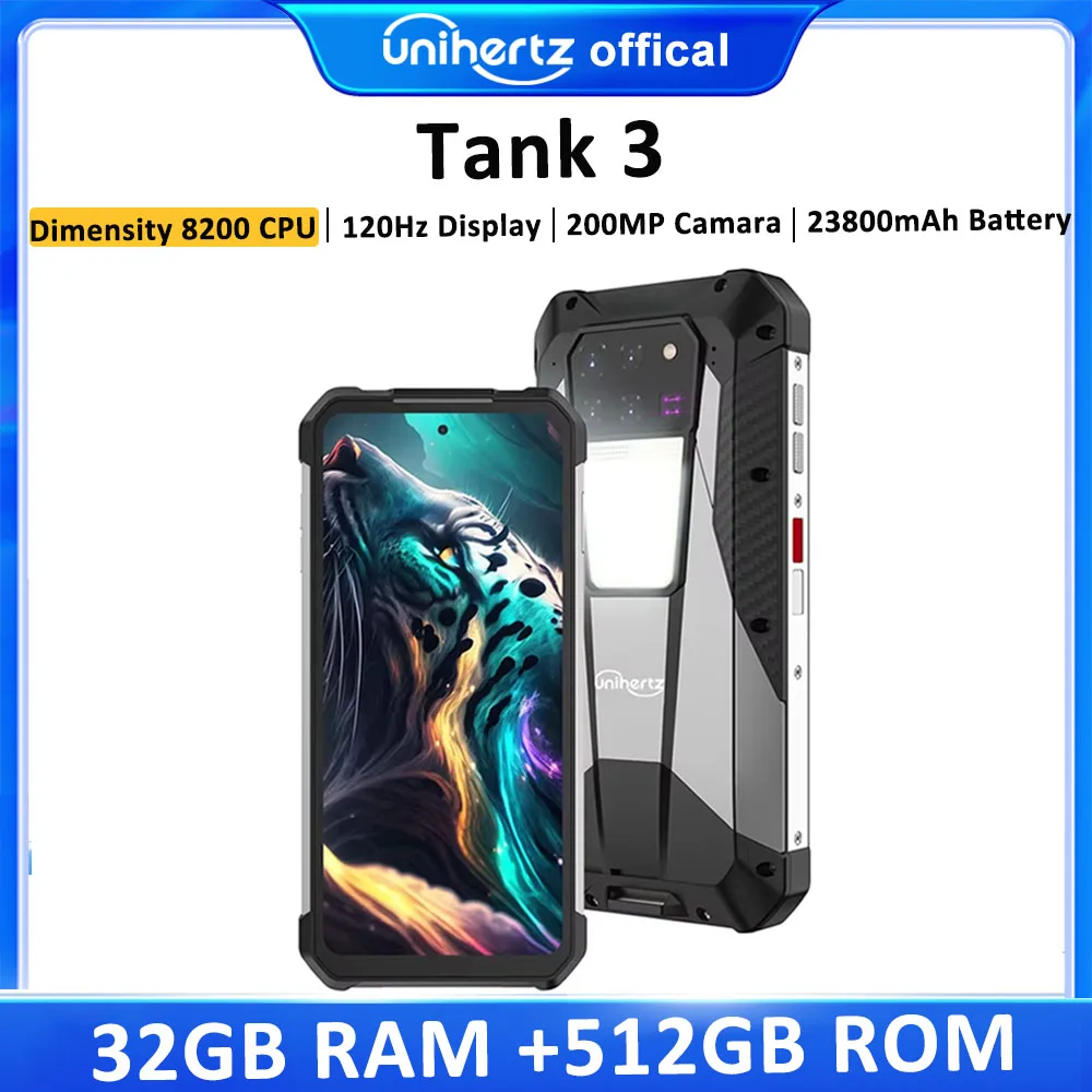 US AU EU Stock Unihertz 8849 Tank 3 Rugged 5G Smartphone 32GB 512GB 23800mAh 120W Charger Dimensity 8200 200MP 120Hz Cell Phone