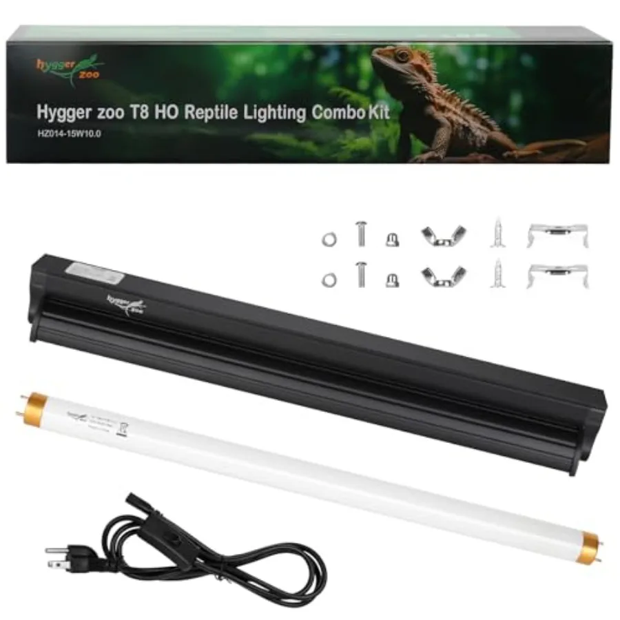 

T8 UVB Reptile Light Fixture HO UVB Bulb Lighting Combo Kit, 10.0 UVB Light for Reptiles Terrarium Hood with 15W Reptile Light