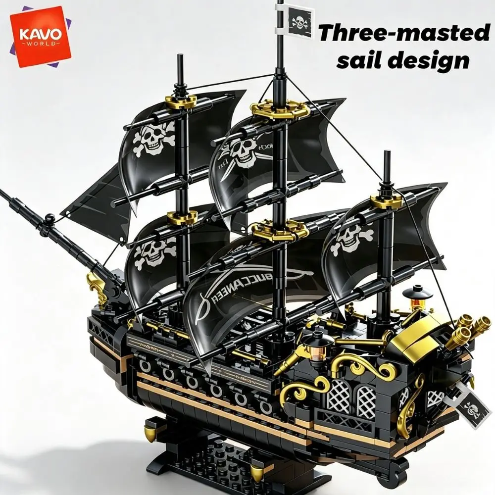 KAVOWORLD 801pcs 1799 Classic Black Sail Pirate Ship Toys Building Blocks Model with Display Stand Large Buccaneer Vessel Boat Brick Kit Corsair Boat Construction Toy Set Collectible DIY Assembly Toy for Desk Decor Christmas Halloween Gift for Adults Teen